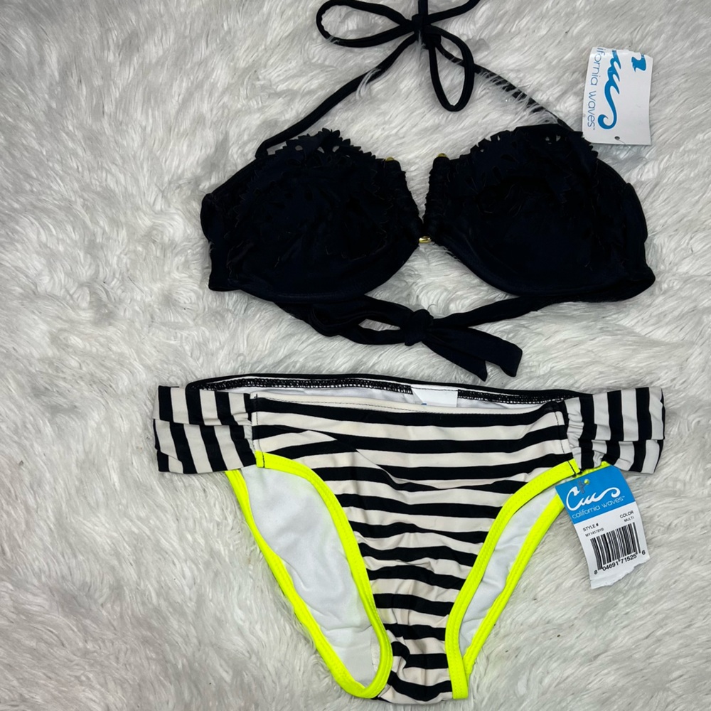 California Waves Black Floral Bikini Top & Striped Bottom Set Size S NWT